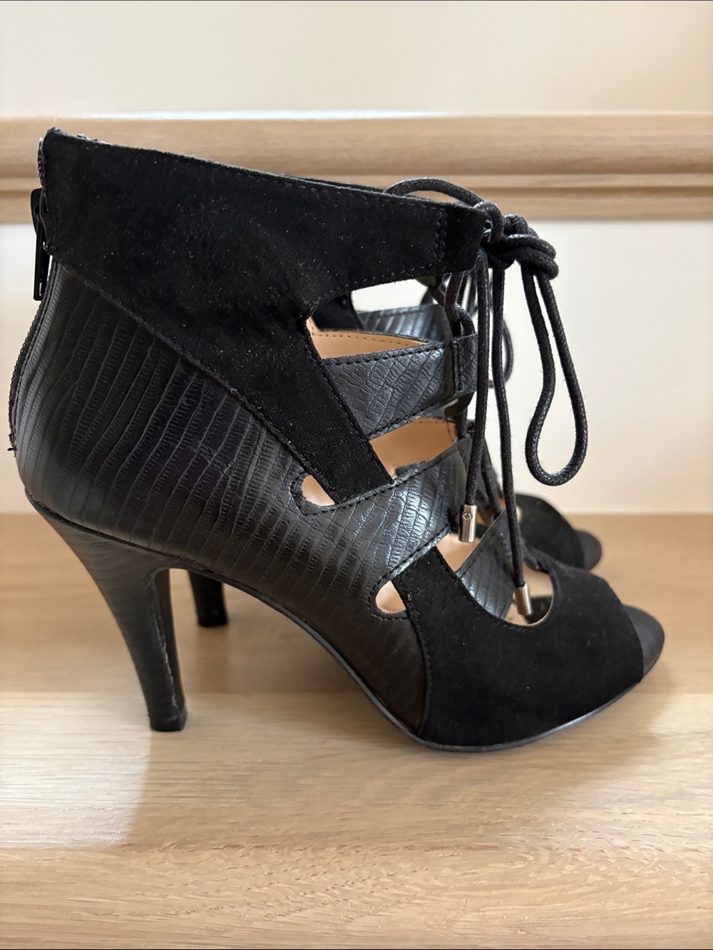 Like New Nine West Black Lace-Up Cutout High Heel Sandals
